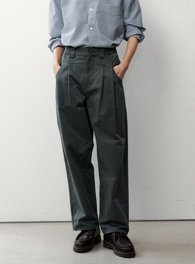 WHIMIN 强捻棉质水洗做旧双褶长裤男女同款休闲裤