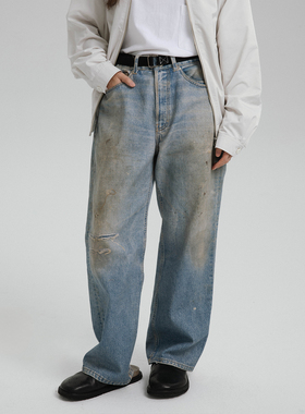 WHIMIN 复古水洗数码牛仔印花休闲裤脏污做旧男女同款