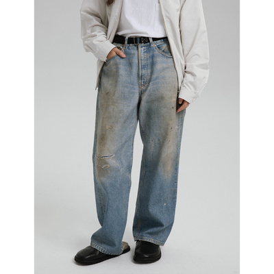 WHIMIN复古水洗牛仔印花休闲裤