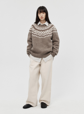 WHIMIN 纯羊毛北欧图案费尔岛毛衣男女同款圆领针织衫