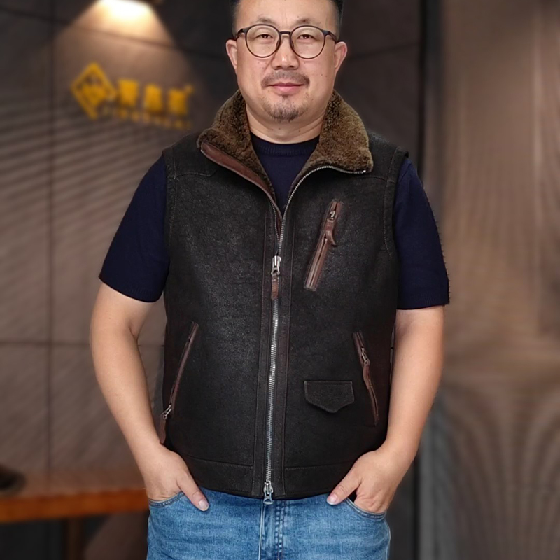 马甲男原生态植鞣皮重水洗羊皮毛一体美式复古做旧真皮立翻领坎肩