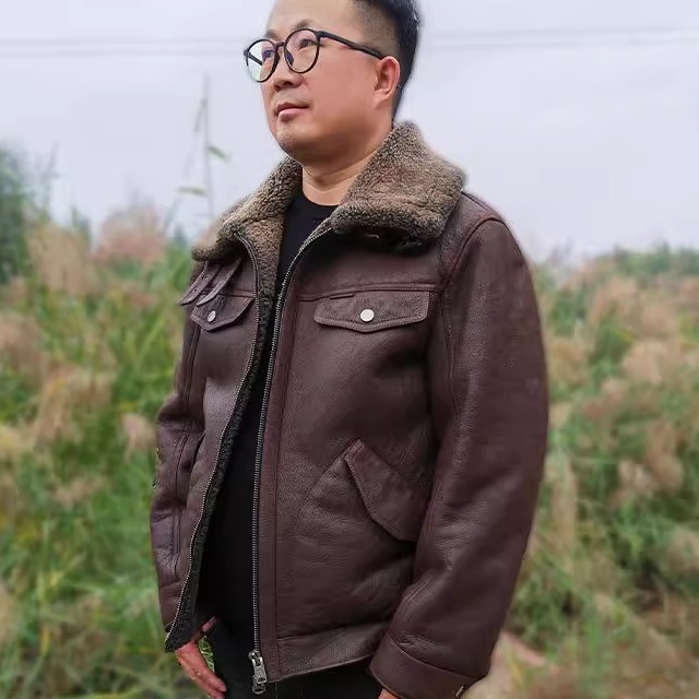 原生态重水洗羊皮毛一体男美式复古做旧重水洗真皮翻领保暖夹克