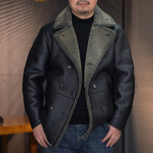 原生态皮毛一体男双排扣水洗复古740风衣冬季保暖皮衣