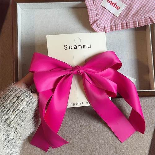 儿童飘带蝴蝶结发夹女孩玫红色大号侧边夹甜美日系蕾丝装饰发卡子