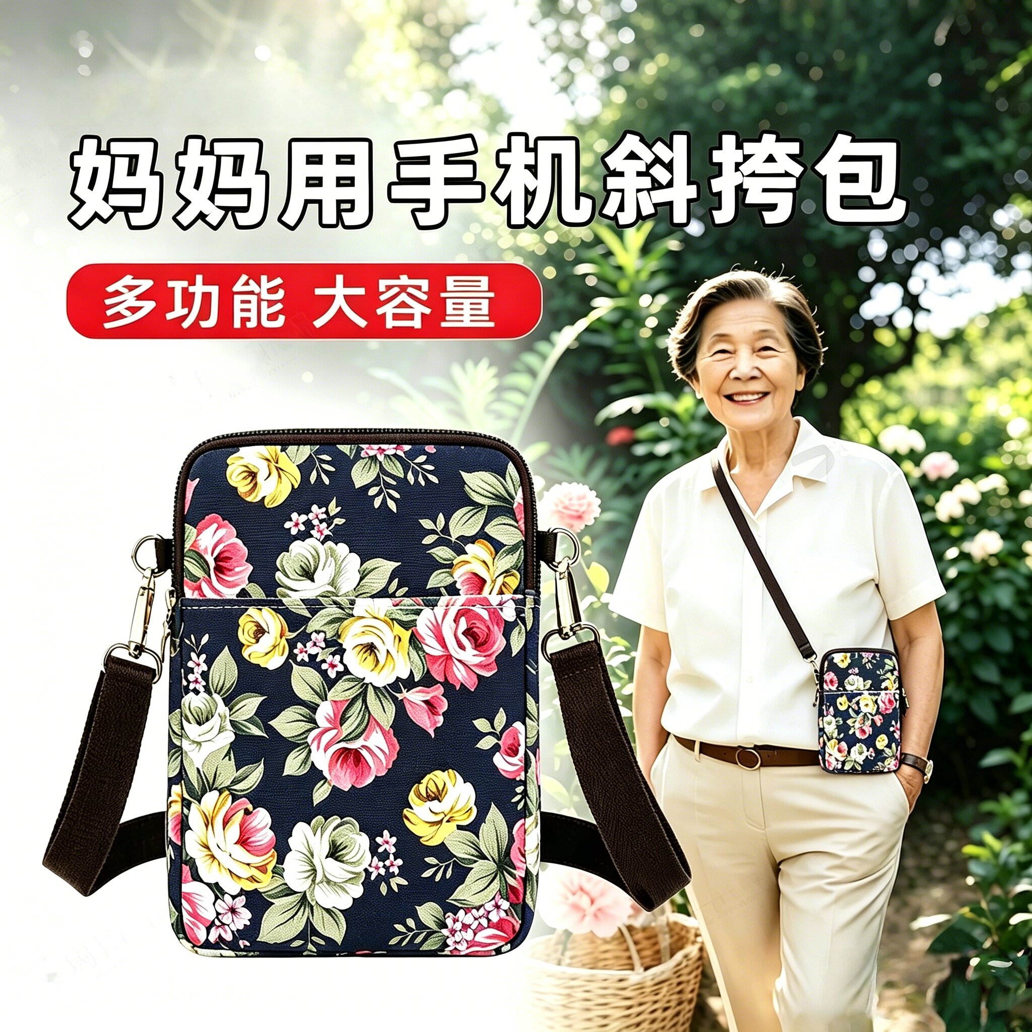 女士妈妈斜挎手机包帆布中老年复古花卉单肩小包大容量轻便散步包多功能妈妈用斜挎包单肩包花朵印花老人