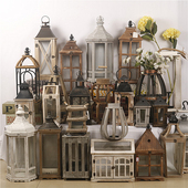 美式 复古做旧实木铁艺风灯烛台家居户外花园阳台室外造景装 饰摆件