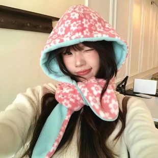 可爱粉色花朵毛绒帽女冬季甜美氛围感加厚保暖帽子围脖一体护耳帽