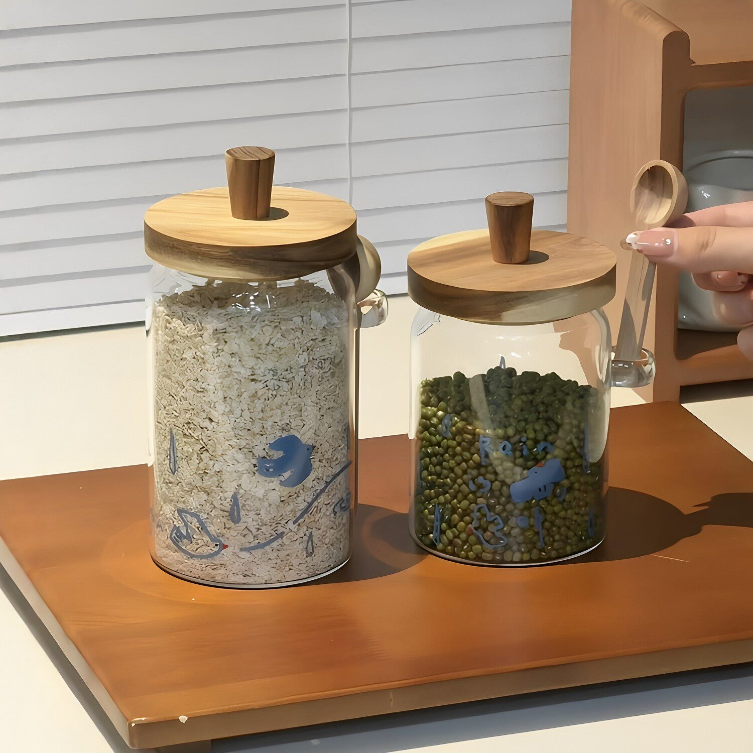 蓝色飞鸟玻璃密封罐食品级防潮五谷杂粮收纳罐木盖带勺透明储物罐