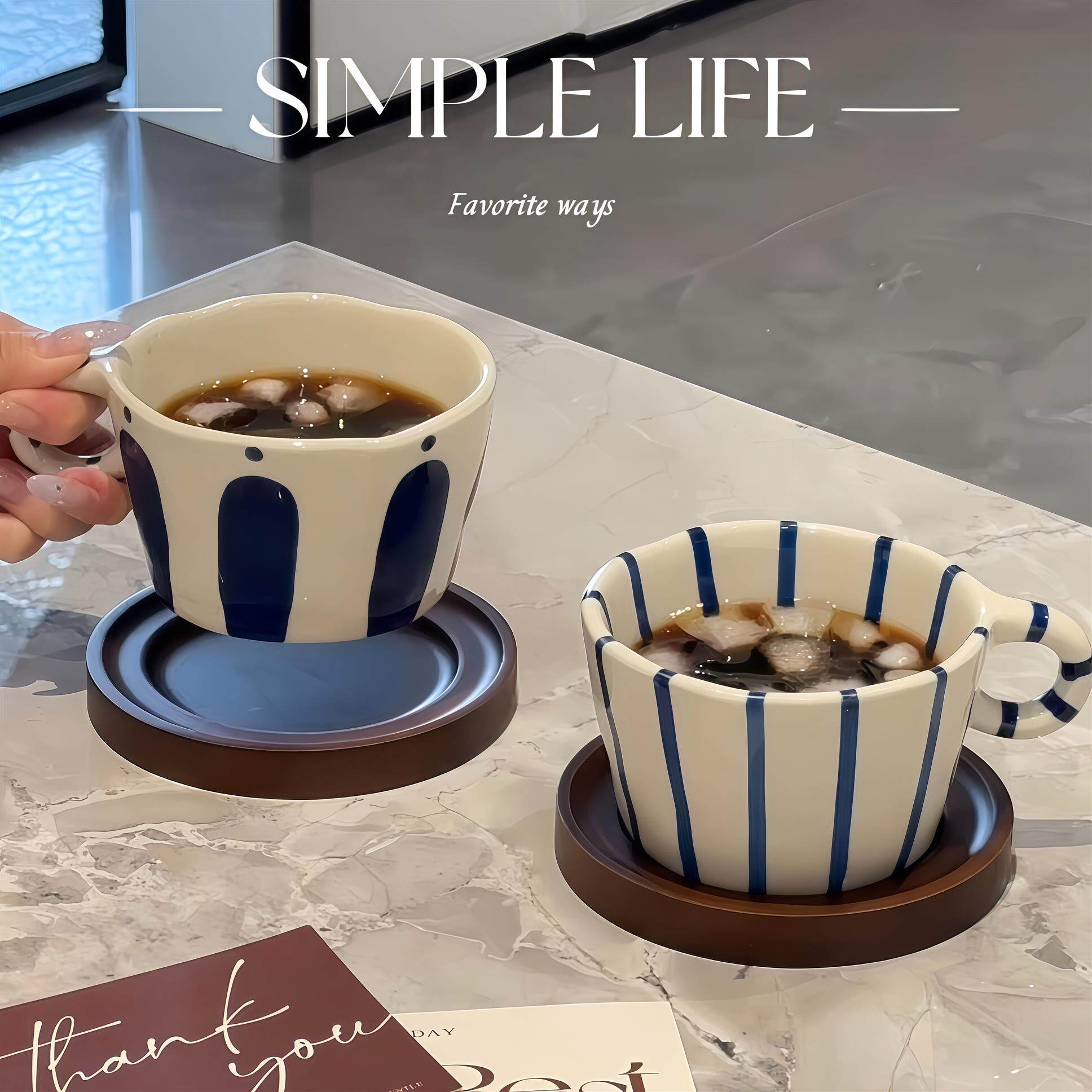 复古条纹马克杯日式釉下彩陶瓷杯小众设计咖啡杯工位下午茶拉花杯