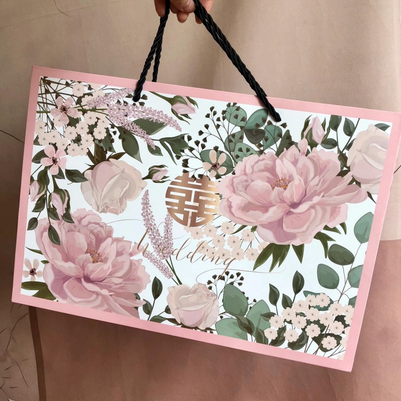 粉色礼品袋新思路结婚手提袋粉色婚礼纸袋陪嫁礼物喜袋礼品袋四件