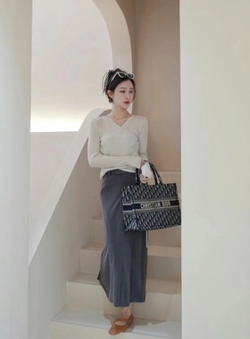 HONGS雅雅子古丽通勤百搭半身裙长款设计感直筒灰色裙子040604