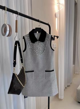 YIK雅雅子古丽无袖连衣裙钉珠镶钻粗花呢名媛修身A字裙041003