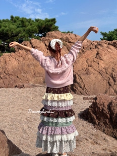 【现货】春夏复古风层叠拼接印花蛋糕半身裙韩系松紧腰显瘦裙子女