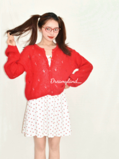 夏日红色樱桃碎花吊带裙小个子连衣裙蕾丝花边短裙女