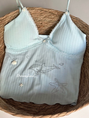 现货夏日海豚贝壳烫钻蓝色甜美可爱花边吊带背心女带胸垫