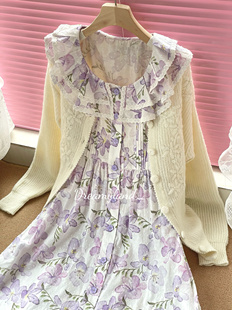 紫色小苍兰清新温柔春夏新款荷叶边长袖裙花边收腰长裙女