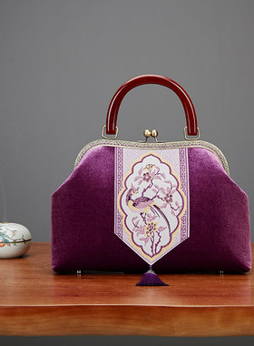 复古风刺绣包紫色丝绒包妈妈手提包凤凰刺绣流苏包包大容量女包