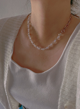 JUNHE新品设计师款冰岛回忆钻石海清冷感白水晶白月光石925银项链