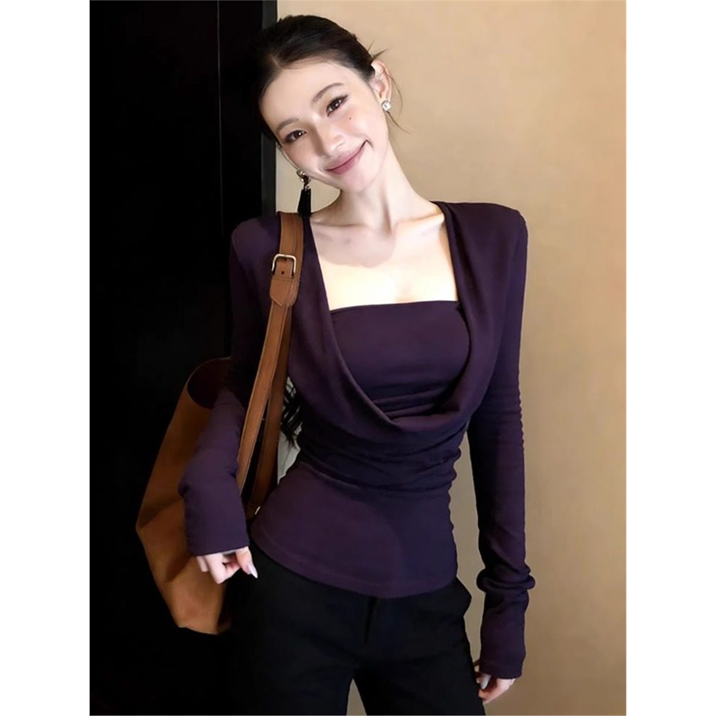 秋冬独特纯欲紫色修身显瘦打底衫女内搭辣妹方领锁骨长袖t恤上衣,女装/女士精品,T恤,淘宝优惠券,粉丝福利购,淘宝优惠卷