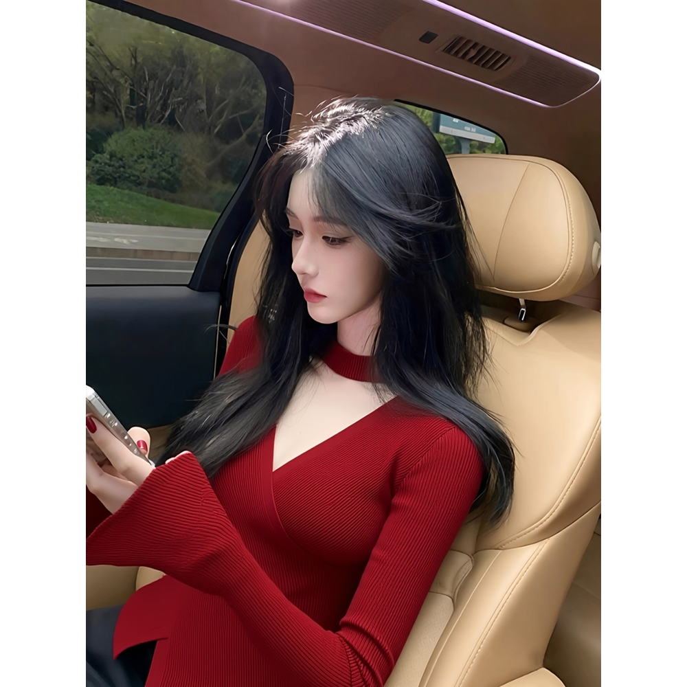 纯欲辣妹红色镂空毛衣针织打底衫女内搭秋冬修身显瘦喇叭长袖上衣,女装/女士精品,毛针织衫,淘宝优惠券,粉丝福利购,淘宝优惠卷