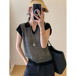 女夏季 polo衫 撞色翻领镂空黑色冰丝针织衫 修身 上衣 短袖 T恤小飞袖