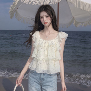 白色波点短袖上衣女夏法式小资荷叶边娃娃衫独特漂亮很仙雪纺衬衫