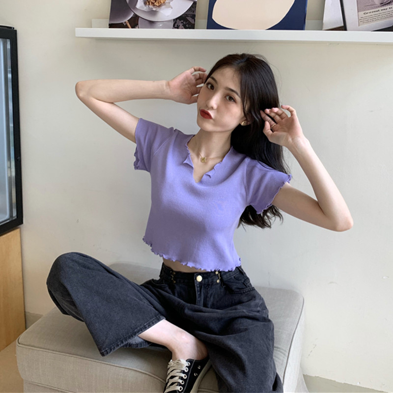 紫色别致上衣女设计感法式短袖