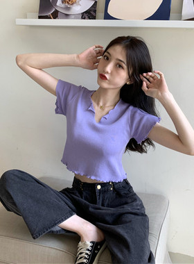 紫色别致上衣女设计感小众高腰短款法式短袖t恤夏甜酷辣妹bm小衫