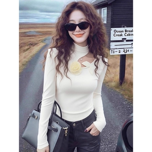 上衣 立体花朵长袖 性感甜辣妹不规则镂空半高领打底衫 女内搭秋冬季