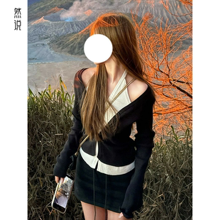 黑色假两件拼接挂脖长袖针织开衫女秋季秋冬修身毛衣外套短款上衣