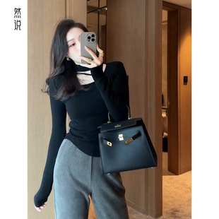 挂脖镂空上衣女秋冬 欧货减龄别致百搭长袖 纯欲风设计感修身 打底衫