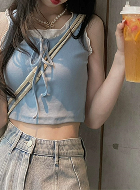 辣妹蓝色假两件吊带小背心女夏季设计感小众无袖外穿短款纯欲上衣