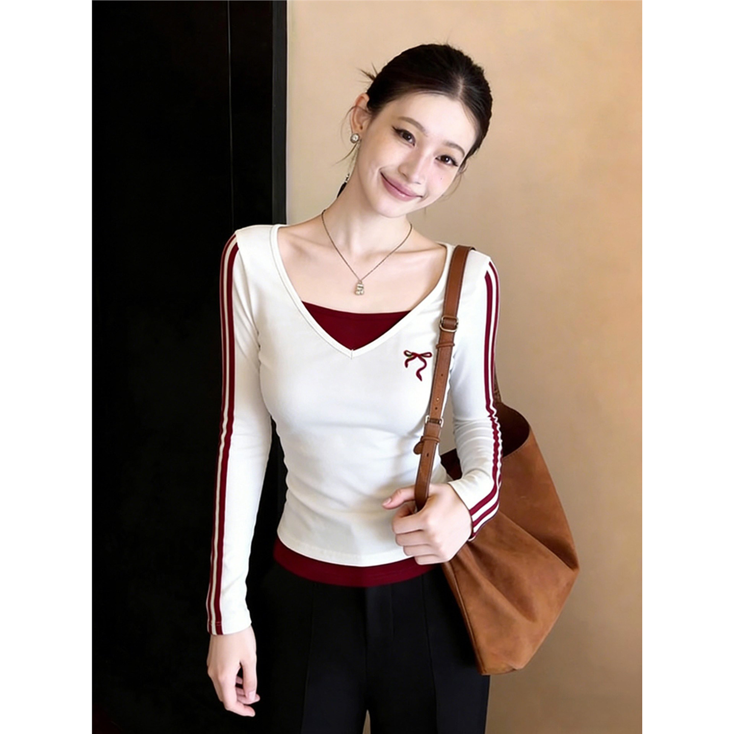 秋冬季别致假两件显瘦长袖t恤女设计感美式辣妹撞色打底衫女内搭,女装/女士精品,T恤,淘宝优惠券,粉丝福利购,淘宝优惠卷