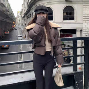 美拉德穿搭翻毛领羽绒服女冬季2026新款小个子短款面包服棉服外套