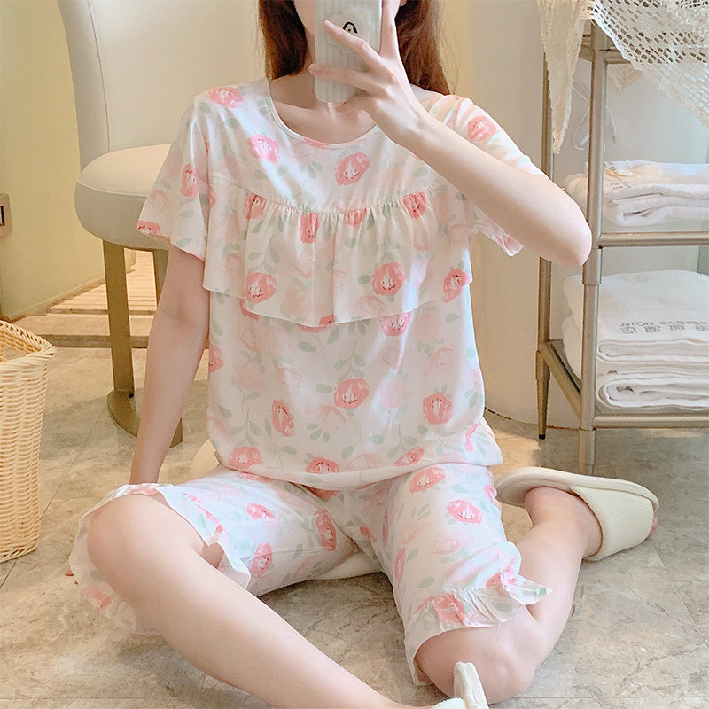 棉绸睡衣女夏季短袖中裤人造棉家居服绵绸套装大码时尚网红小个子