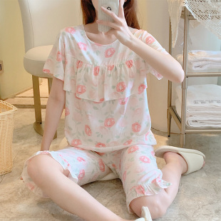 棉绸睡衣女夏季短袖中裤人造棉家居服绵绸套装大码时尚网红小个子