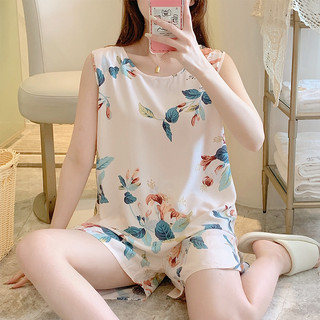 棉绸睡衣女夏薄款宽松无袖人造棉家居服可外穿学生背心套装加大码
