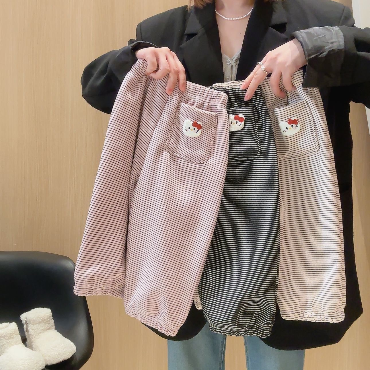 女童裤子秋冬加绒条纹卫