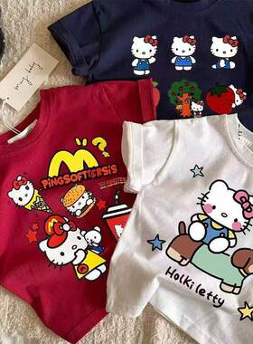 韩儿童短袖卡通HelloKitty红色上衣女童T恤白色洋气童装纯棉男童t