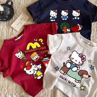 韩儿童短袖卡通HelloKitty红色上衣女童T恤白色洋气童装纯棉男童t