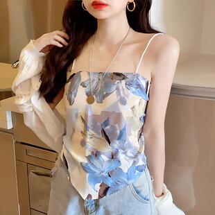 花碎小吊带背心可爱甜美小清新女夏季外穿甜酷上衣丝巾抹胸肚兜式