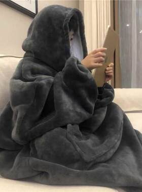 可穿懒人毯法兰绒睡衣TV毯盖毯电视毯户外防寒连帽家居服毛毯加厚