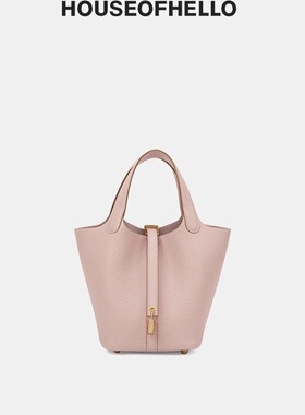 HOUSEOFHELLO 手缝蜡线TC头层牛皮菜篮子水桶包手提女包22CCLC