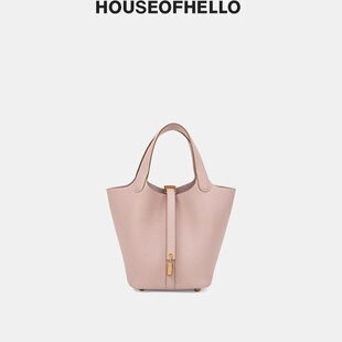 HOUSEOFHELLO 手缝蜡线TC头层牛皮菜篮子水桶包手提女包22CCLC