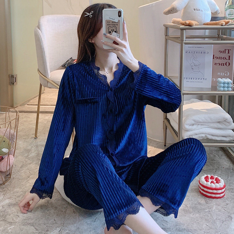 长袖睡衣女春秋冬季v领金丝绒冬天可爱珊瑚绒法兰绒居家服套装潮