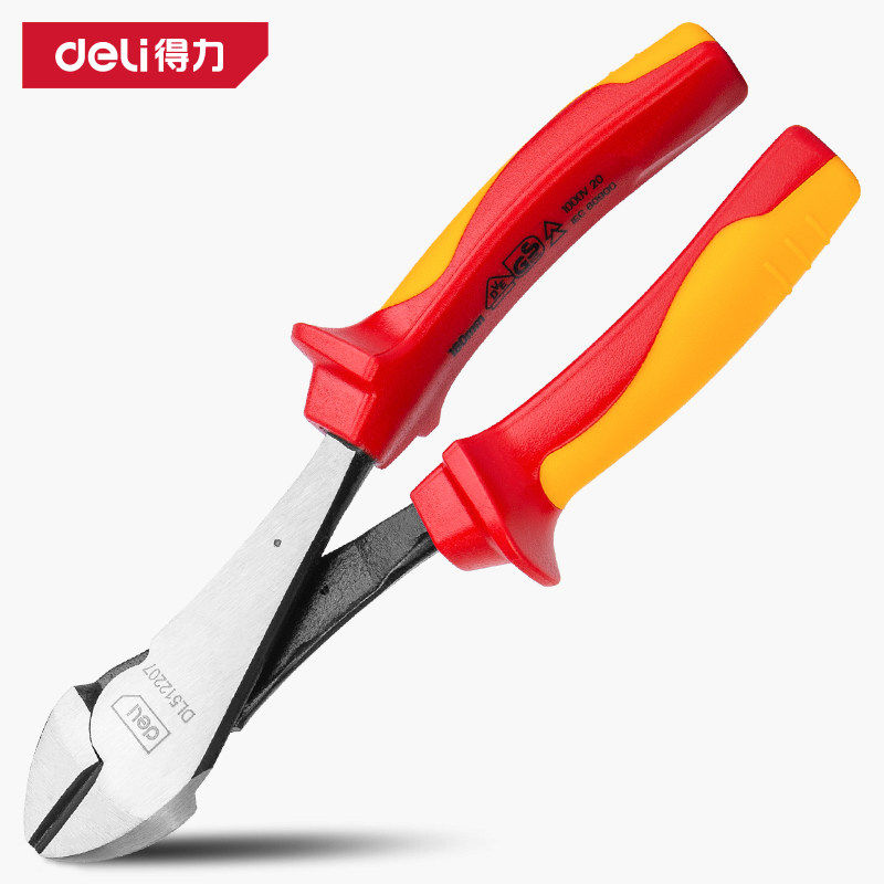 得力工具绝缘大头斜嘴钳DL512207工业级电工省力耐压加长斜嘴钳子