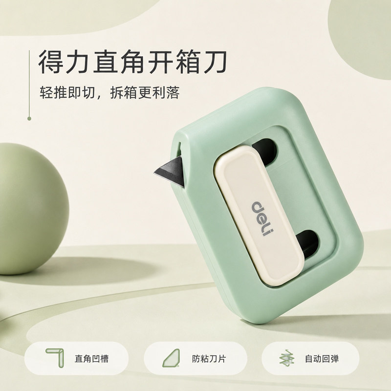 得力磁吸直角陶瓷开箱刀特氟龙防粘防割手自动回弹美工刀专用拆快递拆纸箱神器安全迷你便携家用随身可挂绳