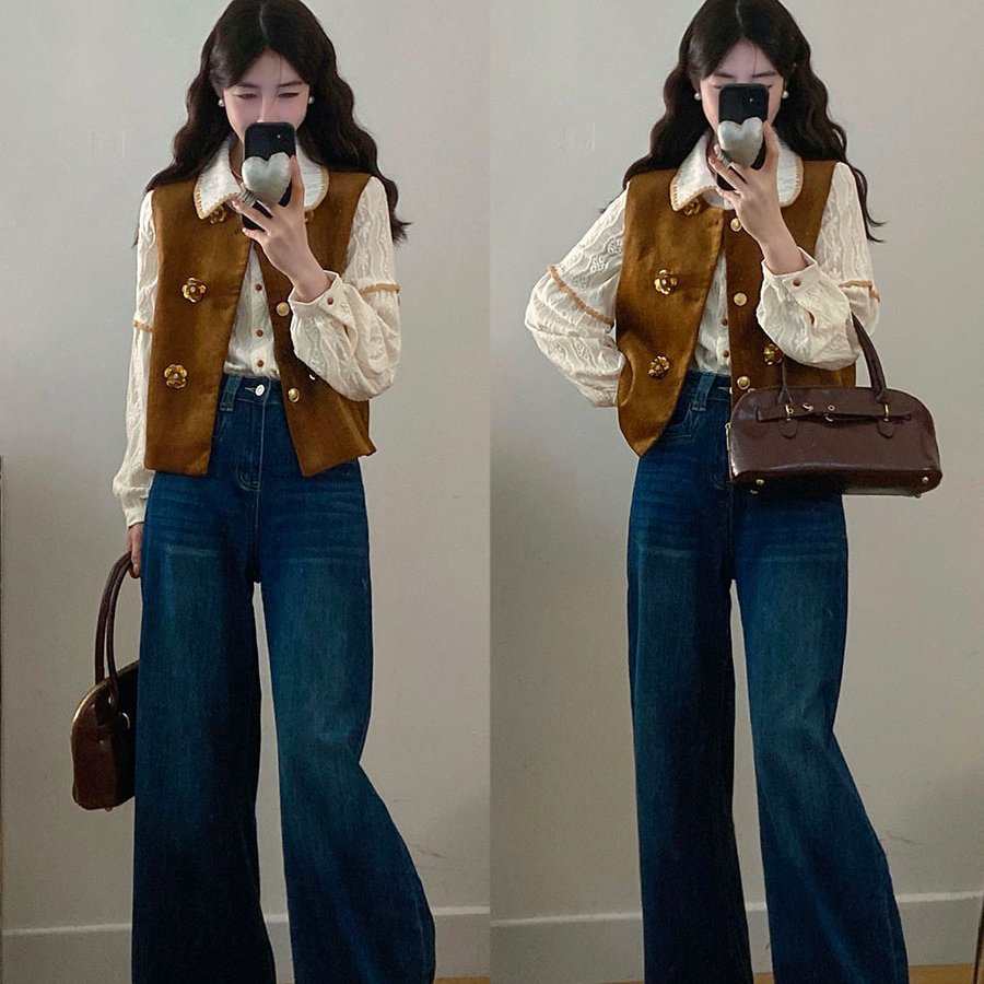~大码女装复古长袖衬衫中式无袖马甲背心上衣搭配牛仔裤套装