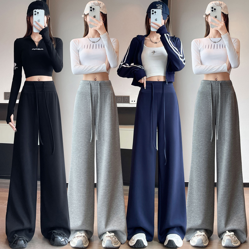 实拍灰色抽绳运动裤女秋季高腰垂感阔腿裤直筒宽松休闲拖地裤卫裤