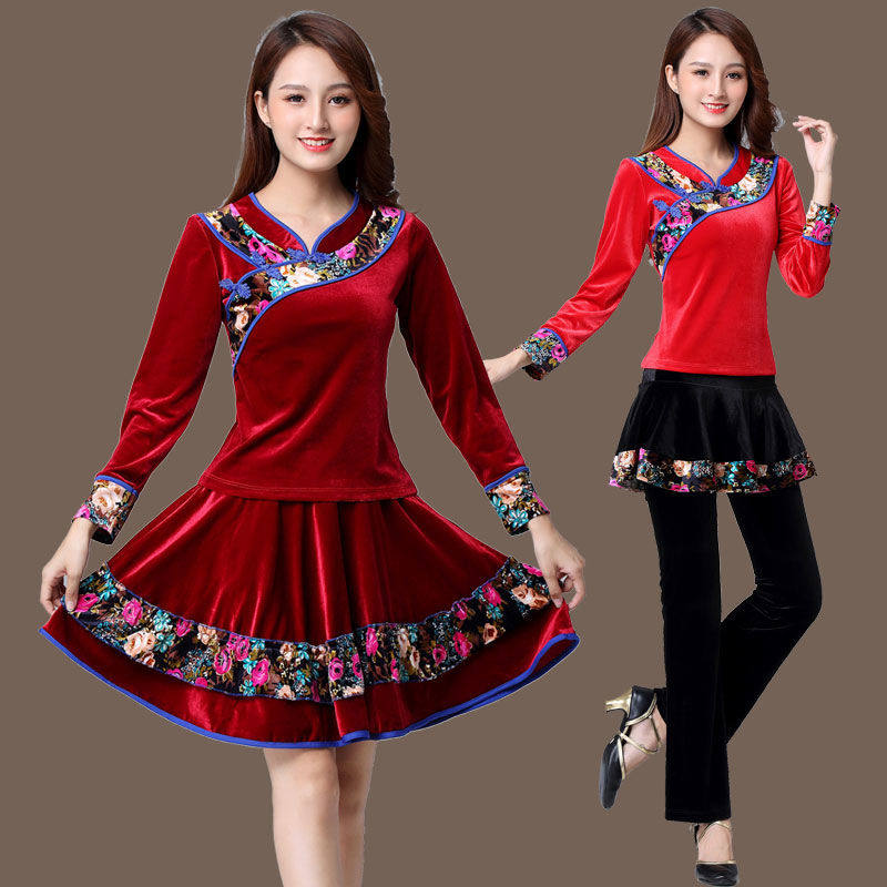 2019广场舞服装新款金丝绒民族风裙子套装跳舞衣服女秋冬长袖套裙